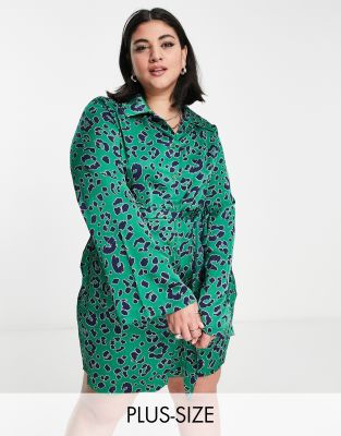 Urban Threads Curve Urban Threads Plus belted mini shirt dress in green leopard print