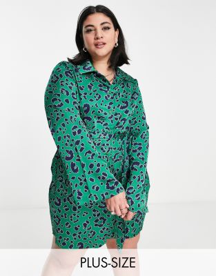 Urban Threads Plus belted mini shirt dress in green leopard print