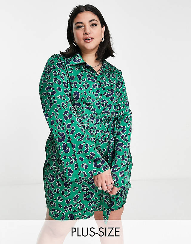 Urban Threads Curve - Urban Threads Plus belted mini shirt dress in green leopard print
