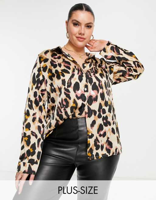 Urban Threads Plus - Camicia in raso con stampa leopardata in coordinato