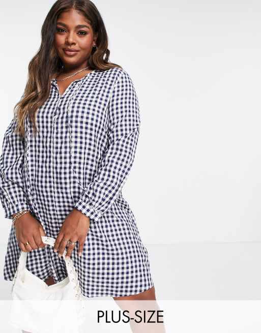 Urban Threads Plus checked shirt dress in navy gingham ASOS