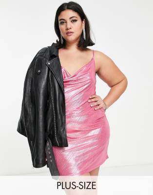 Urban Threads Curve Urban Threads Plus cowl neck mini dress in pink shimmer