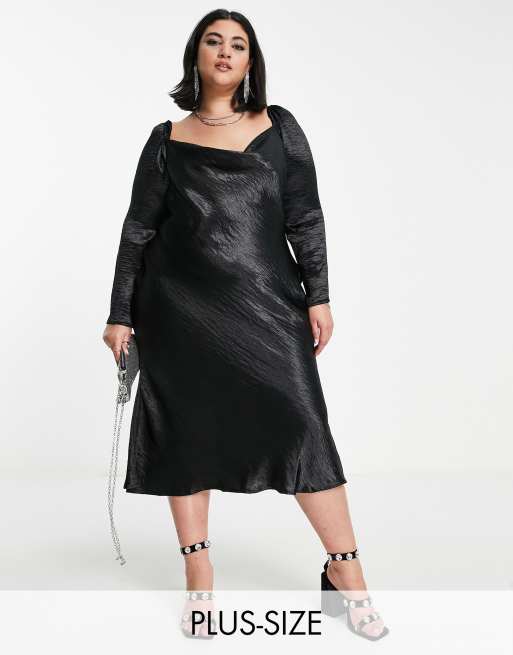 Urban Threads Plus cowl neck satin midi dress in black