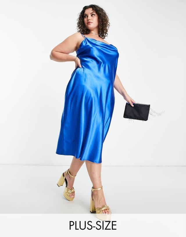 Urban Threads Plus cowl neck satin midi dress in cobalt blue