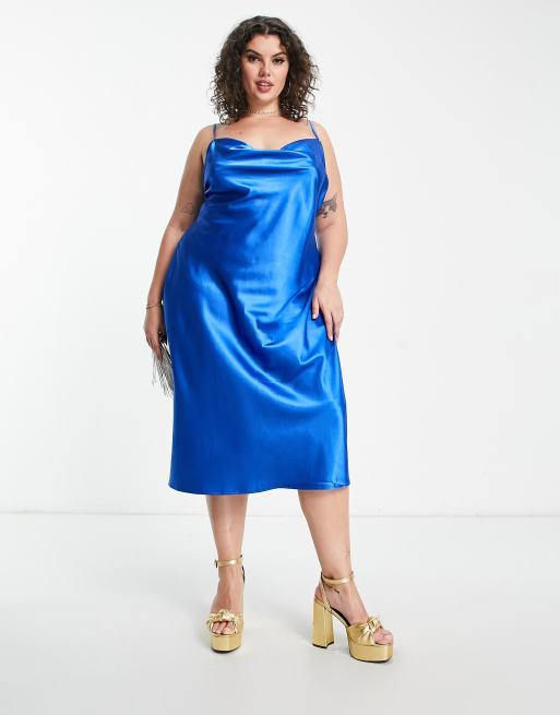 Urban Threads Plus cowl neck satin midi dress in cobalt blue | ASOS