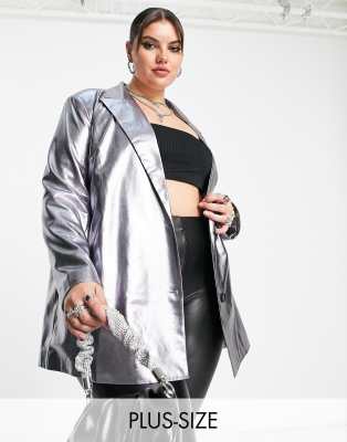 Urban Threads Plus - Einreihiger Blazer in Metallic-Silber