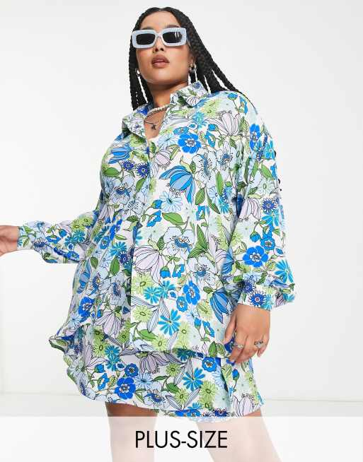 Urban Threads Plus – Geblümtes Hemd in Blau, Kombiteil