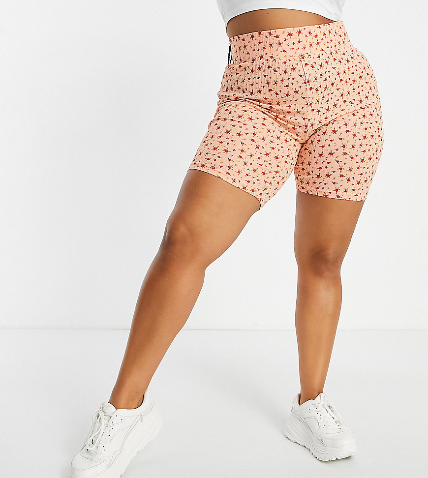 Urban Threads Plus – Gerippte Legging-Shorts in Mandarine mit Blumenmuster, Kombiteil-Orange
