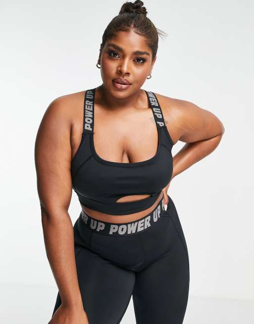 Urban Threads Plus high shine strappy sports bra in black