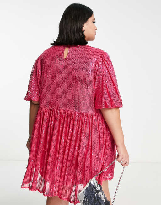 Urban Threads Plus – Jaskraworóżowa luźna sukienka mini wyszywana cekinami, 2 z 4