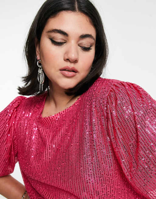 Urban Threads Plus – Jaskraworóżowa luźna sukienka mini wyszywana cekinami, 3 z 4