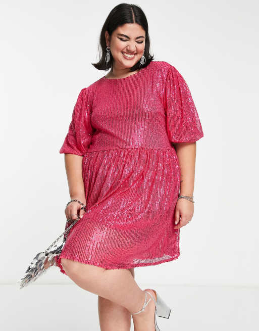 Urban Threads Plus – Jaskraworóżowa luźna sukienka mini wyszywana cekinami, 4 z 4