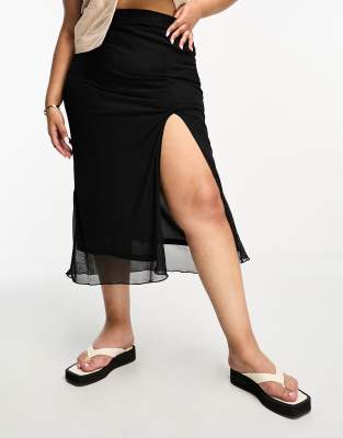 Urban Threads Plus mesh midaxi skirt with lettuce hem in black