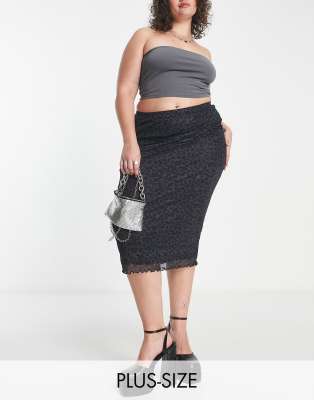 Urban Threads Curve Urban Threads Plus mesh midi skirt in leopard print-Black