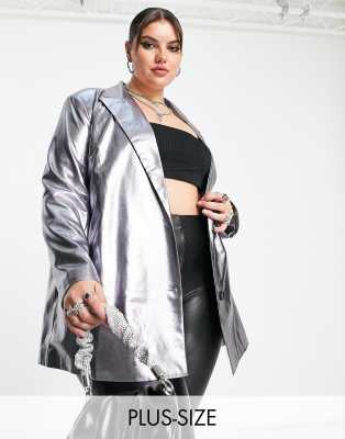 Urban Threads Curve Urban Threads Plus metallic single breasted blazer in silver