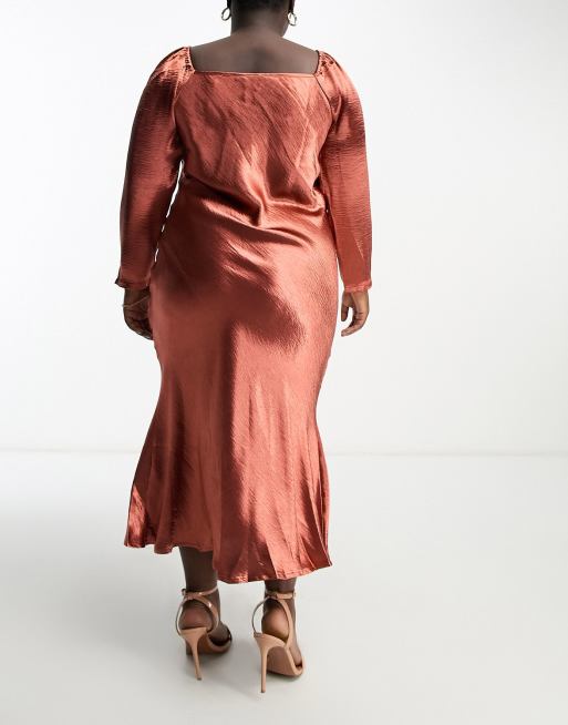 Urban Threads - Plus - Midi jurk van satijn met gedrapeerde halslijn in chocoladebruin, 3 van 4