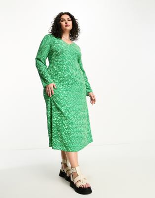 Urban Threads Curve Urban Threads Plus midi tea dress in green ditsy floral