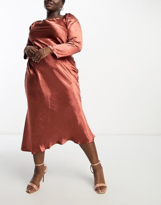 Urban Threads Plus – Midikleid aus Satin in Schokoladenbraun mit Wasserfallausschnitt, 4 von 4