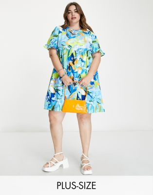 Urban Threads Curve Urban Threads Plus mini smock dress with frill detail in abstract print-Multi