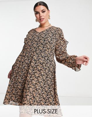 Urban Threads Plus mini smock dress with ruffle detail in dark floral - ASOS Price Checker