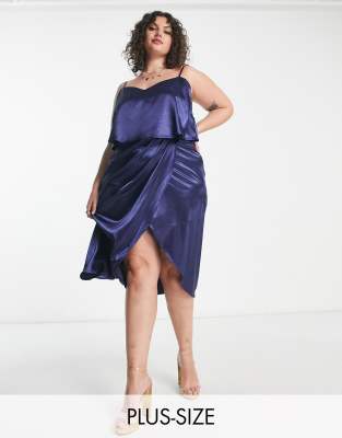 Urban Threads Plus satin cami midi dress with wrap front detail in navy φωτογραφία