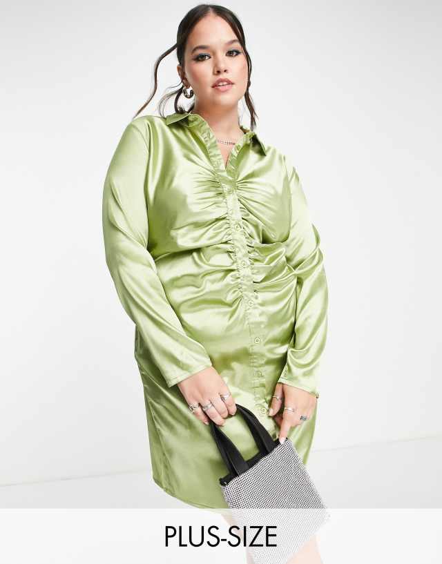 Urban Threads Plus satin ruched mini shirt dress in green