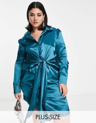 Urban Threads Plus satin tie front shirt dress in teal-Blue