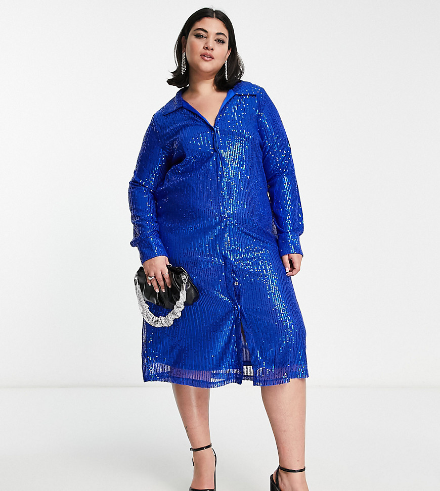 Urban Threads Plus sequin midi shirt dress in cobalt blue