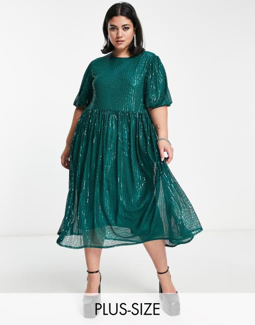 Urban threads plus sequin midi smock dress in green asos