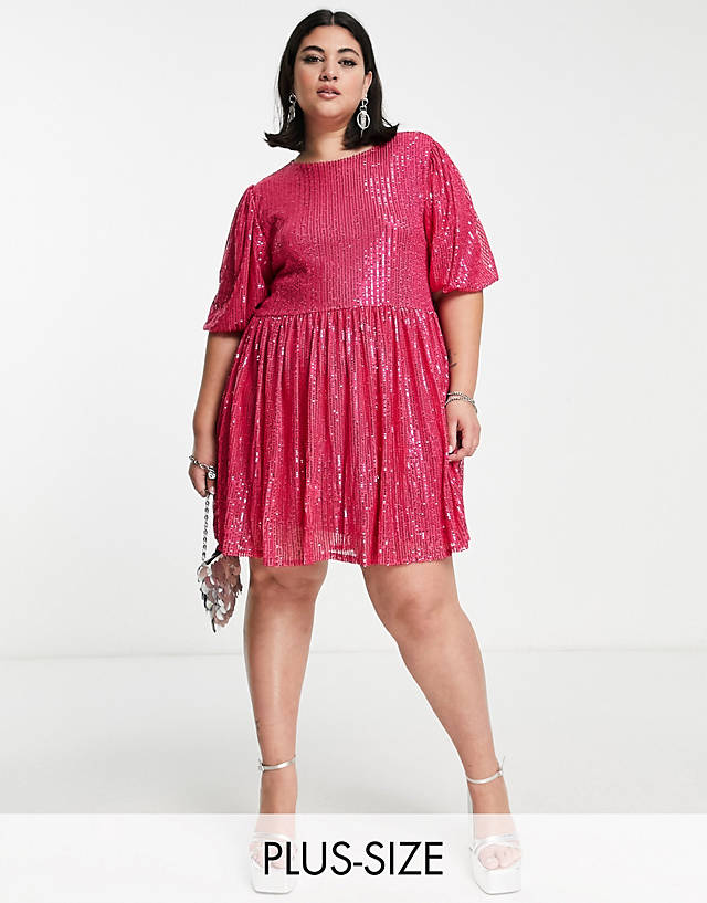 Urban Threads Curve - Urban Threads Plus sequin mini smock dress in hot pink
