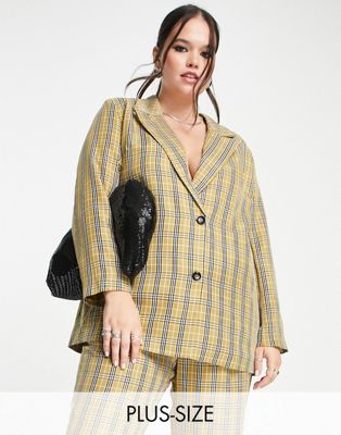 Urban Threads Plus single breasted blazer co-ord in beige check-Neutral