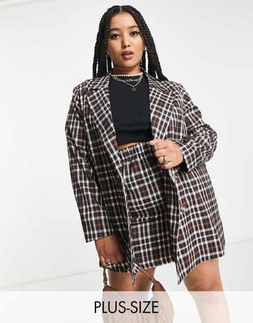 Urban Threads Plus single breasted blazer in black and white plaid ...