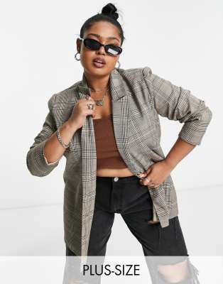 Urban Threads Curve Urban Threads Plus single breasted blazer in grey check-Black