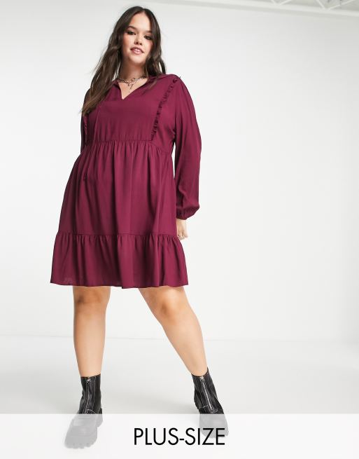 Urban Threads Plus - Smock-minikjole med bindebånd foran i bordeaux