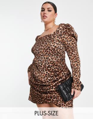 Urban Threads Curve Urban Threads Plus square neck dress with volume sleves in animal print-Brown