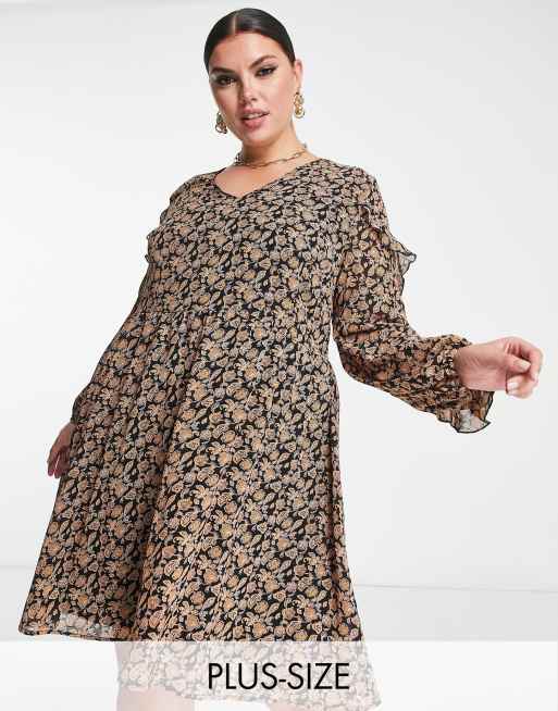 Urban Threads Plus - Vestito grembiule corto con volant scuro a fiori
