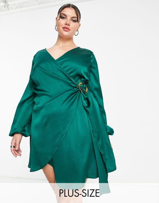 Urban Threads Plus wrap-over satin midi dress in green | ASOS