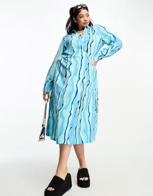 Urban Threads Curve Urban Threads Plus wrap shirt dress in blue abstract  print 