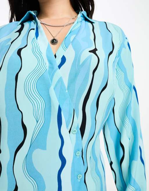 Urban Threads Plus wrap shirt dress in blue abstract print