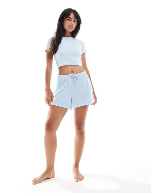 Urban Threads pointelle short sleeve and short pyjama set in baby blue , 2 of 4