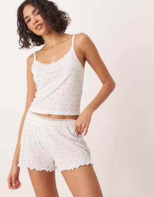 Urban Threads Urban Threads pointelle shorts in ditsy floral print-White