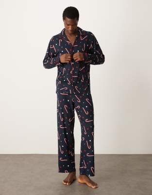 Urban Threads Urban Threads poly Christmas long sleeve shirt and trouser set in candy cane print-Multi