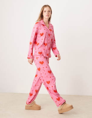 poly long sleeve revere and pants pajama set in sparkle heart print-Multi