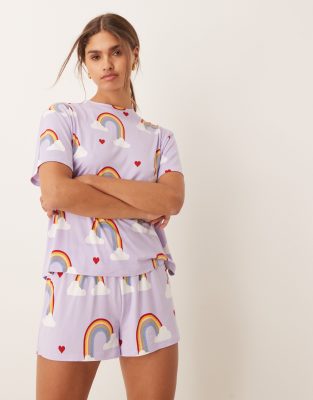 poly T-shirt and pants pajama set in heart/rainbow print-Multi