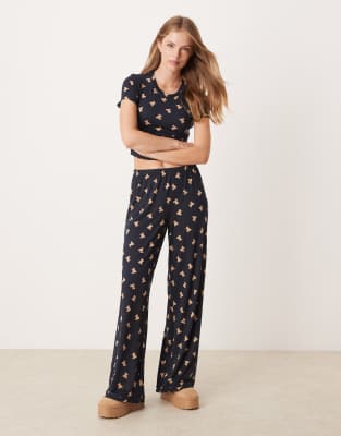 poly t-shirt and pants pajama set in navy teddy bear print-Multi