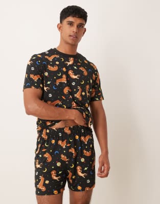 poly T-shirt and shorts set in space dog print-Multi