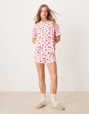 Urban Threads - Polyester-Pyjama, bestehend aus kurzärmligem T-Shirt und Shorts mit Herz-Kirsch-Streifenmuster in Beeren...