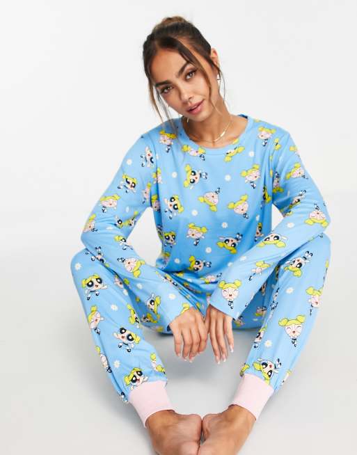 Urban Threads Powerpuff Girls Bubbles long pyjama set in blue ASOS