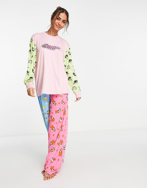 Urban Threads Powerpuff Girls wide leg pyjama set in pink green and blue