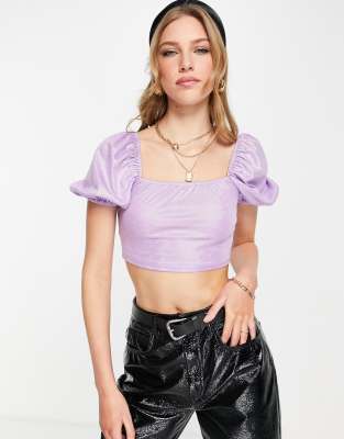 purple crop top with puff sleeves